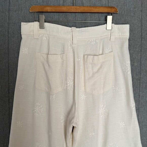 Zara Linen Blend Ivory / Light Cream High Rise Embroidered Wide Leg Pants XL - Picture 5 of 10